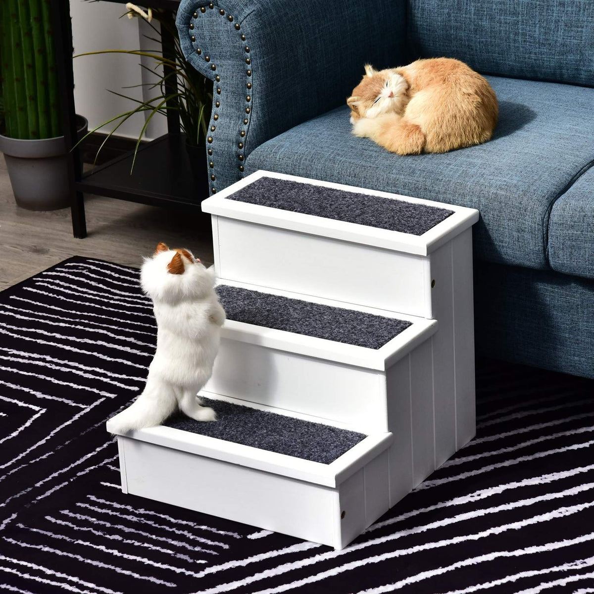 Dog Stairs Pet Stairs With Carpet Cover & Storage Space, Entry Aid, Pine Wood, White, 40.5X44.5X38Cm