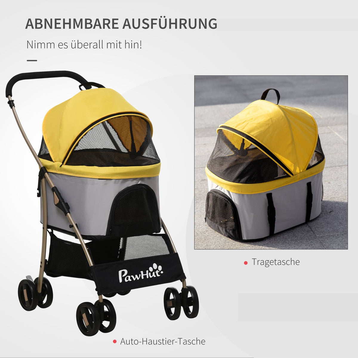 Dog Stroller 2-In-1 Dog Trolley & Carry Bag, Foldable Dog Stroller With Cushion, 4 Wheels, Mesh Window, Oxford Cloth, Yellow