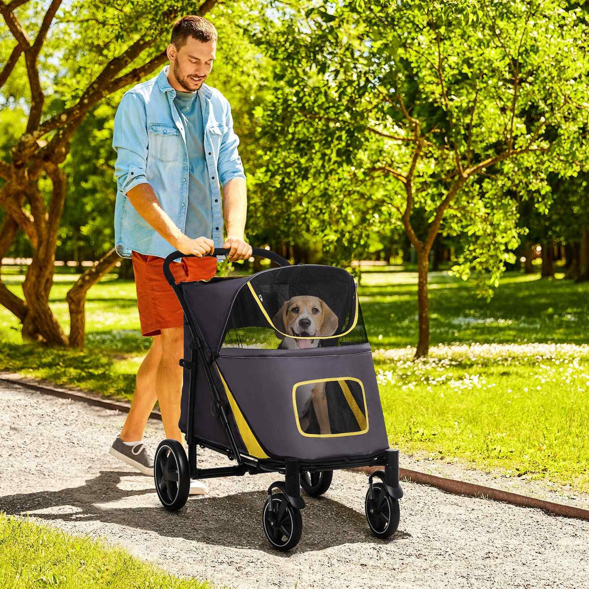 Dog Stroller, Dog Stroller With Cushion, Foldable Cat Stroller With Mesh Window, Safety Leashes, Side Pocket, Oxford Fabric, Dark Gray