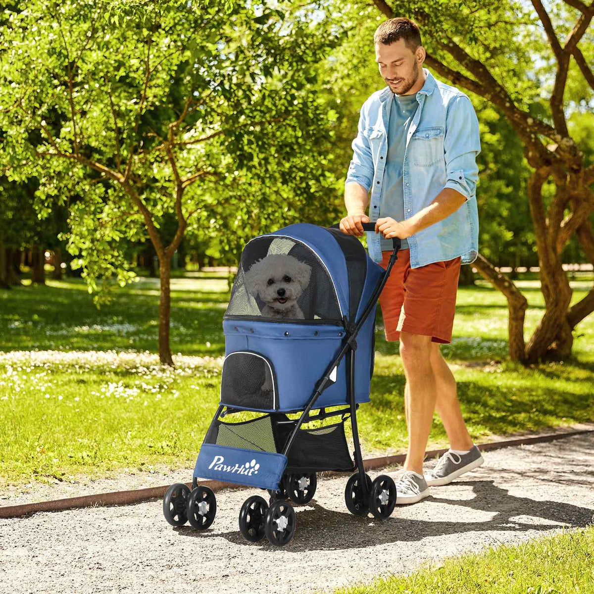 Dog Stroller, Foldable Dog Stroller, Dog Trolley With Cushion, Cat Stroller, Mesh Window, Storage For Small Dogs, Cats, 600D Oxford, Blue