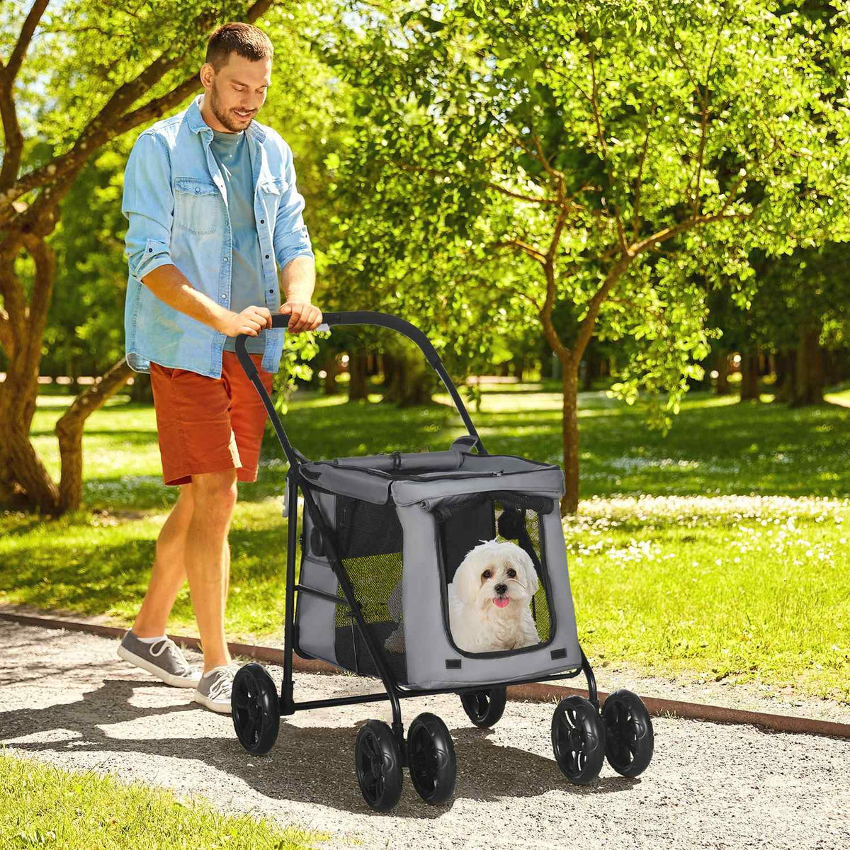 Dog Stroller, Foldable Dog Stroller, Dog Trolley With Cushion, Cat Stroller Up To 20Kg, Cat Stroller, Mesh Window, Oxford Fabric, Grey+Black
