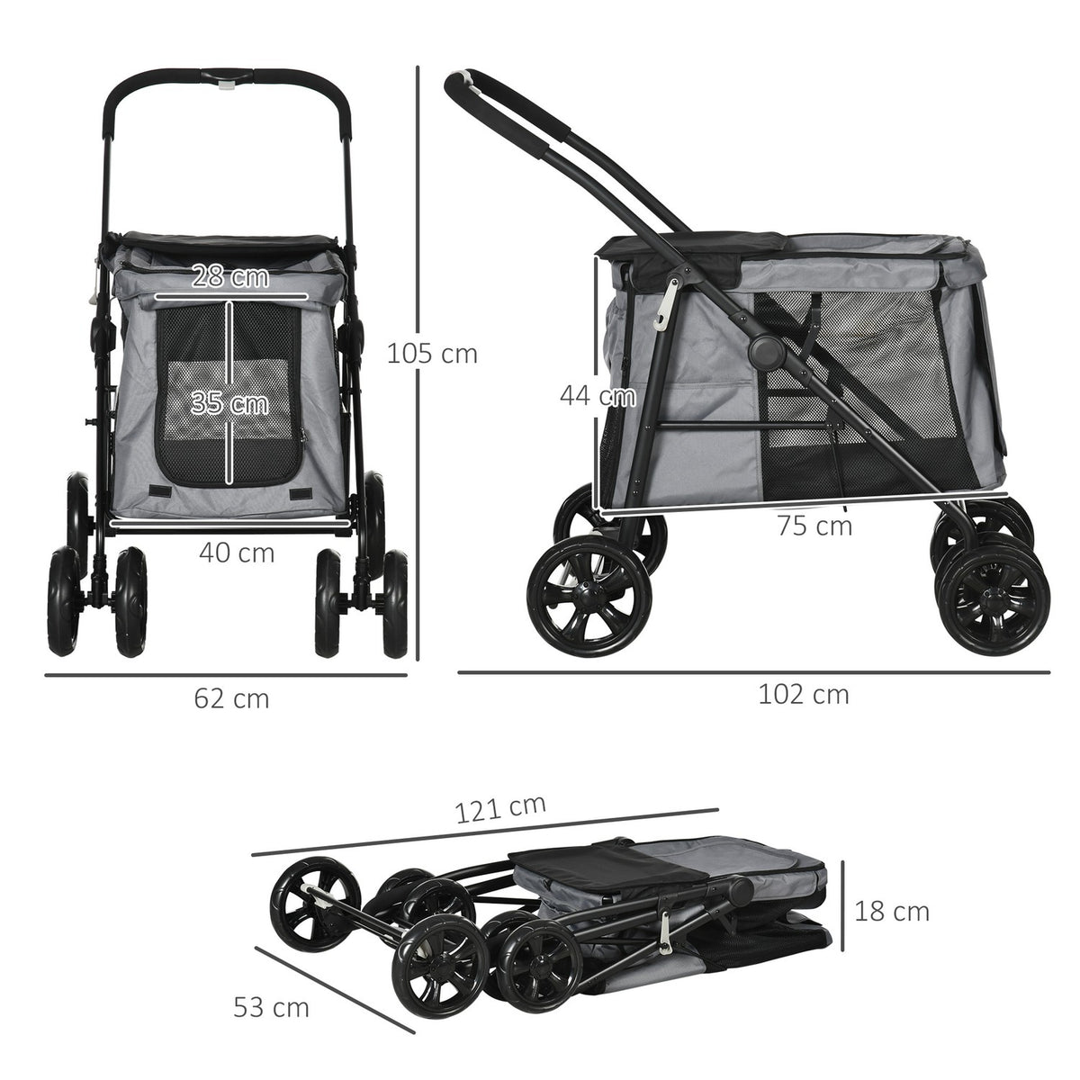 Dog Stroller, Foldable Dog Stroller, Dog Trolley With Cushion, Cat Stroller Up To 20Kg, Cat Stroller, Mesh Window, Oxford Fabric, Grey+Black