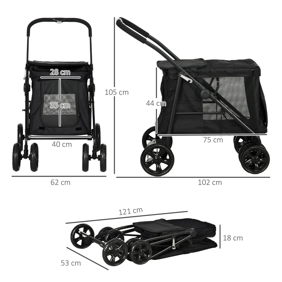 Dog Stroller Folding Dog Stroller With Side Pockets Mesh Window For Small Medium Dogs Up To 20Kg Oxford Fabric Black