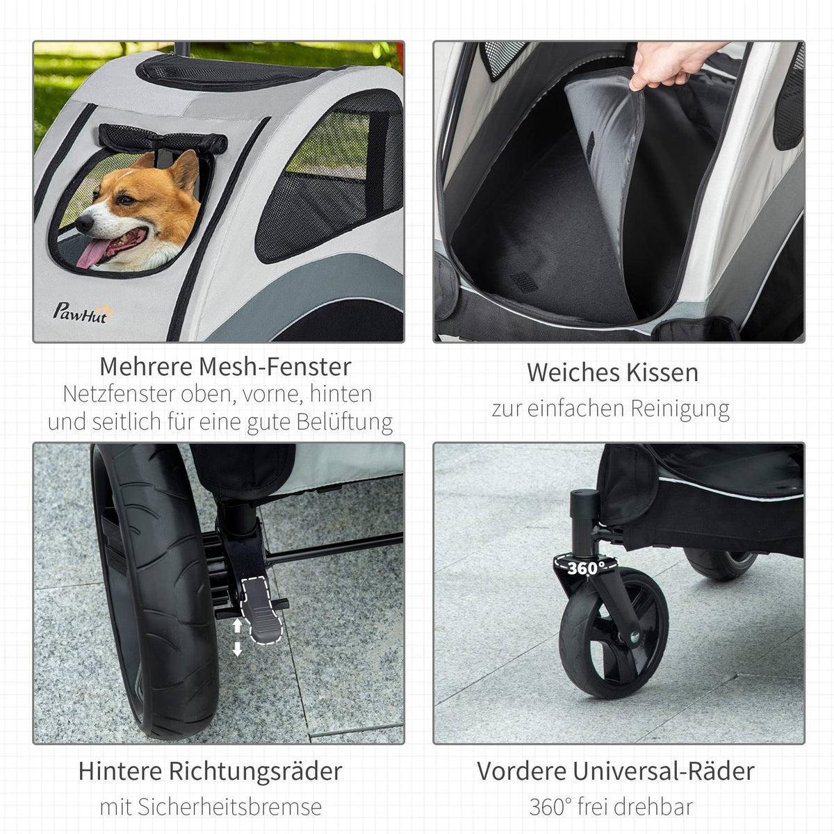 Dog Stroller Versatile Dog Stroller With 4 Wheels, Mesh Window, Side Pocket, Foldable, For Small/Medium Dogs & Cats, Oxford Cloth, Grey+Black, 107X67X102Cm