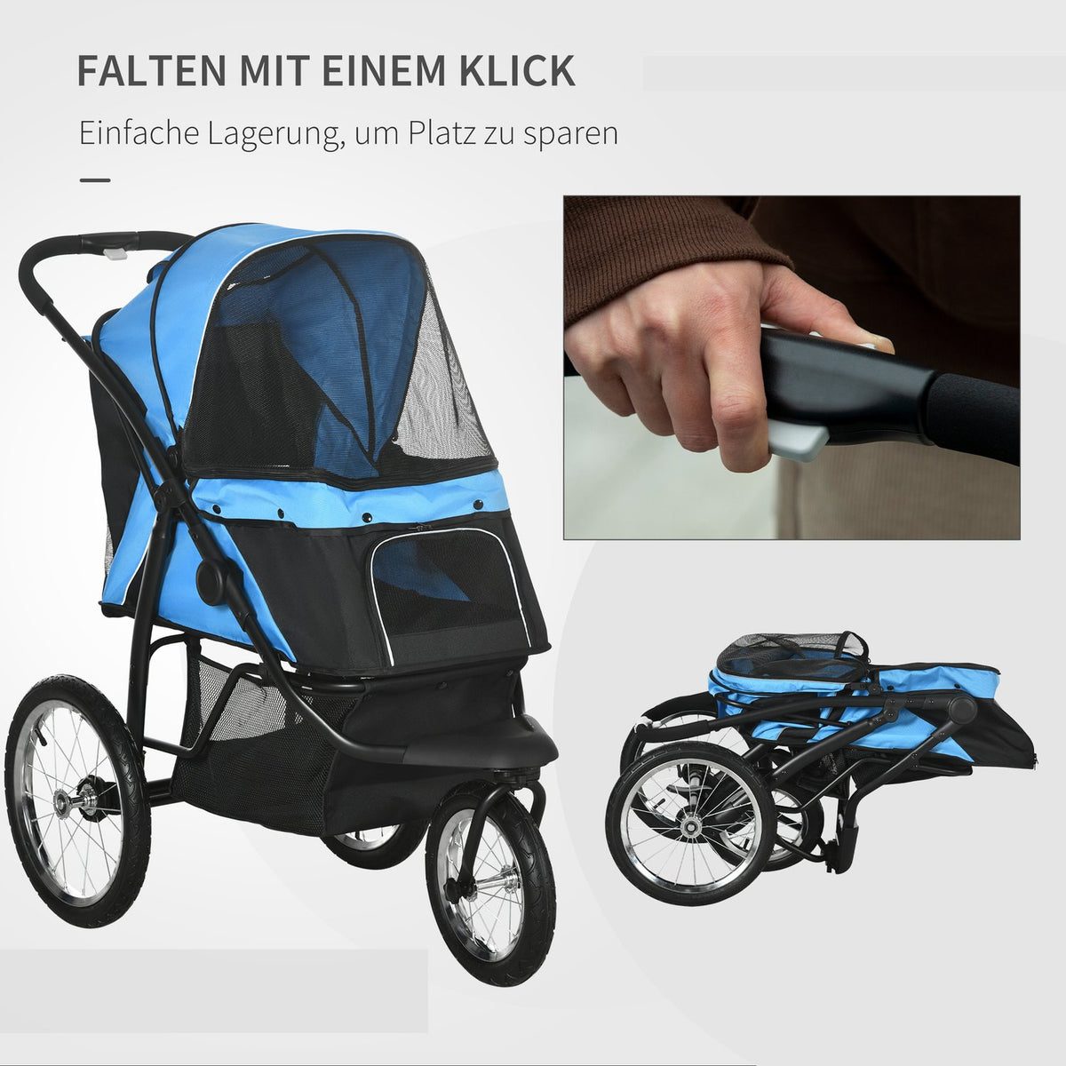 Dog Stroller With Reflectors, Foldable, Storage Basket, Sun Protection, Mesh Window, Oxford, Blue