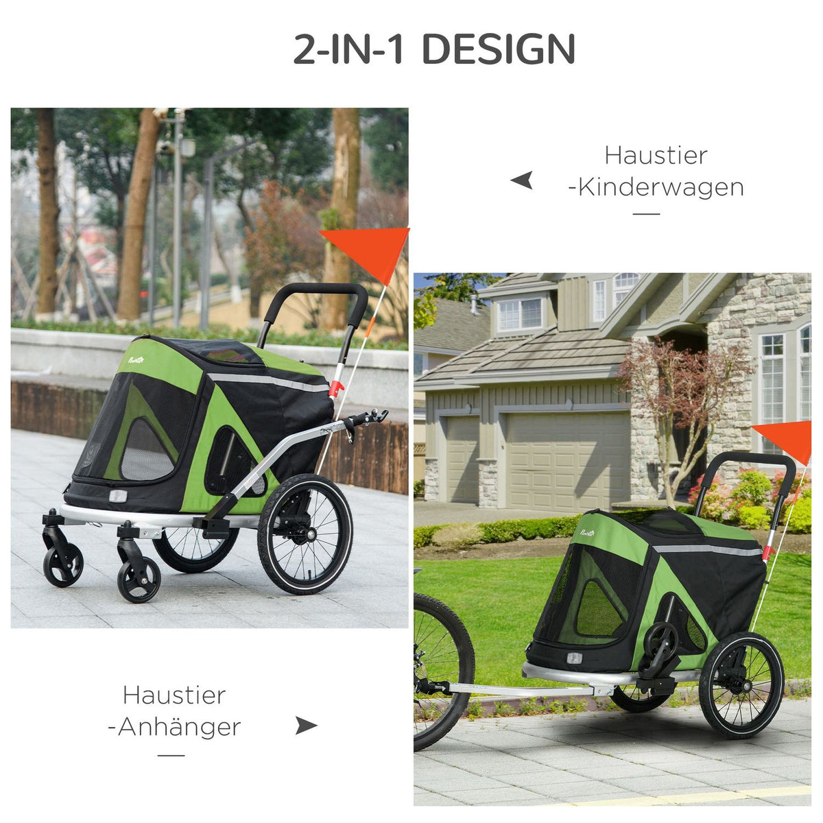 Dog Trailer 2-In-1 Dog Buggy Dog Bike Trailer Safety Leash Dog Cart Reflectors Up To 20Kg Oxford Green