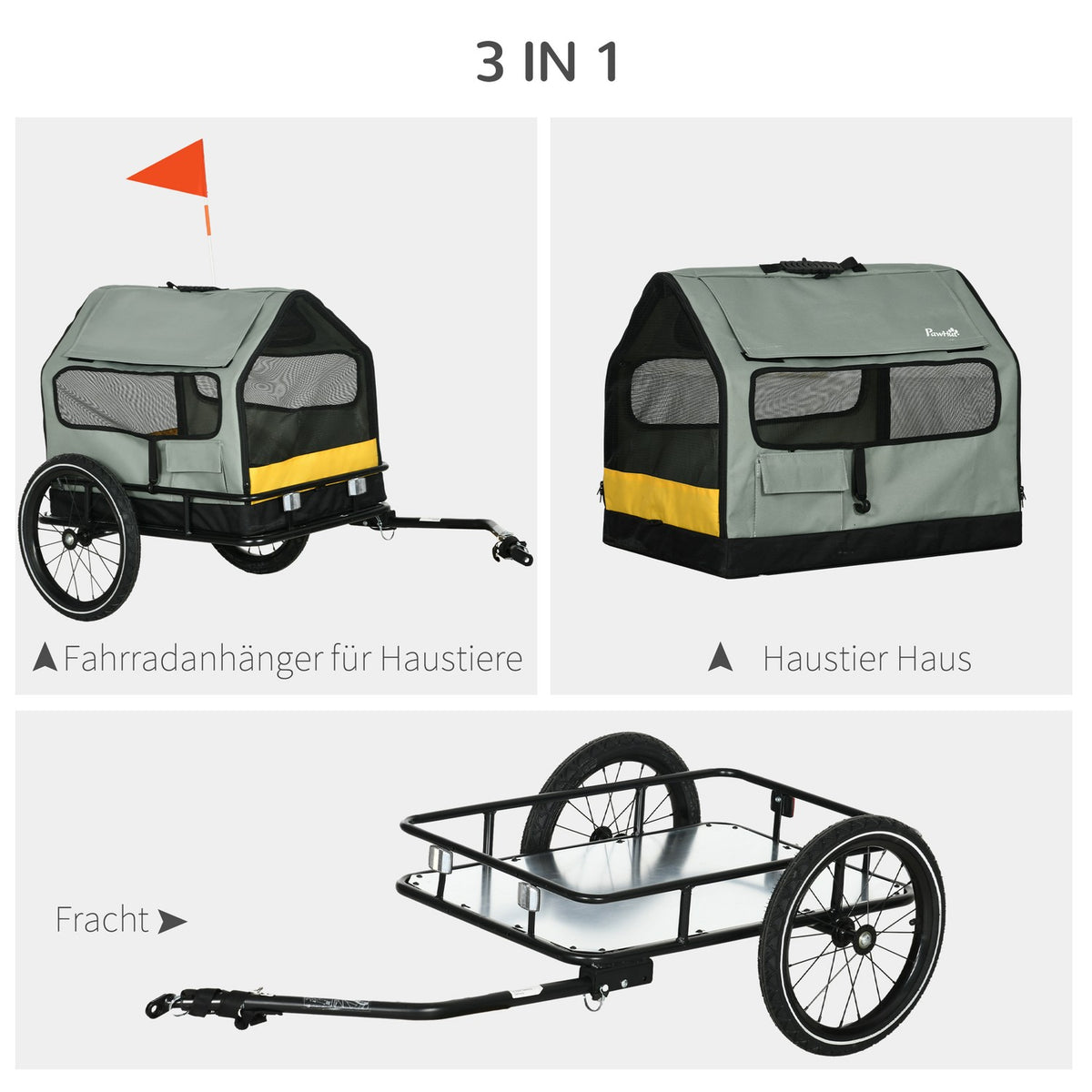 Dog Trailer 3-In-1 Pet House & Cargo Trailer, Dog Bike Trailer With Reflectors For Small Dogs Up To 10 Kg, Oxford, Grey