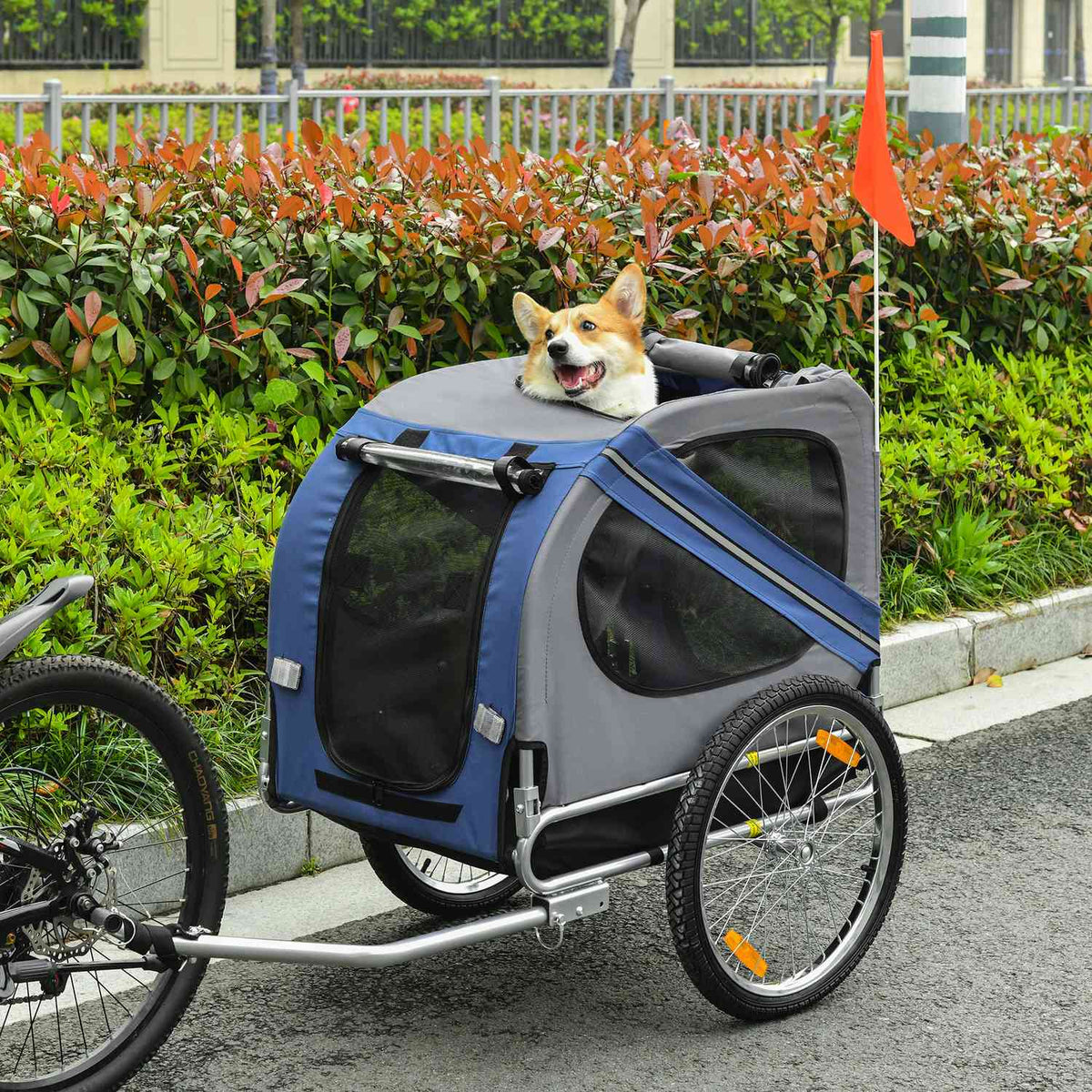 Dog Trailer Bicycle Trailer Dog Transporter Dog Bicycle Trailer Oxford Fabric Rain Cover Breathable Blue 130 X 73 X 90 Cm