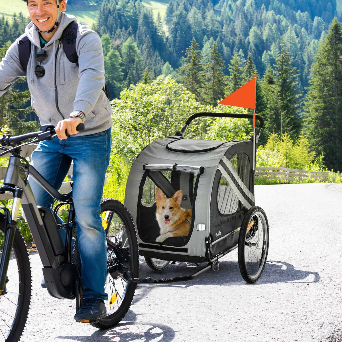 Dog Trailer & Dog Buggy 2-In-1 Dog Bike Trailer With Reflectors, For Medium Dogs Up To 20 Kg, Oxford Fabric, Gray