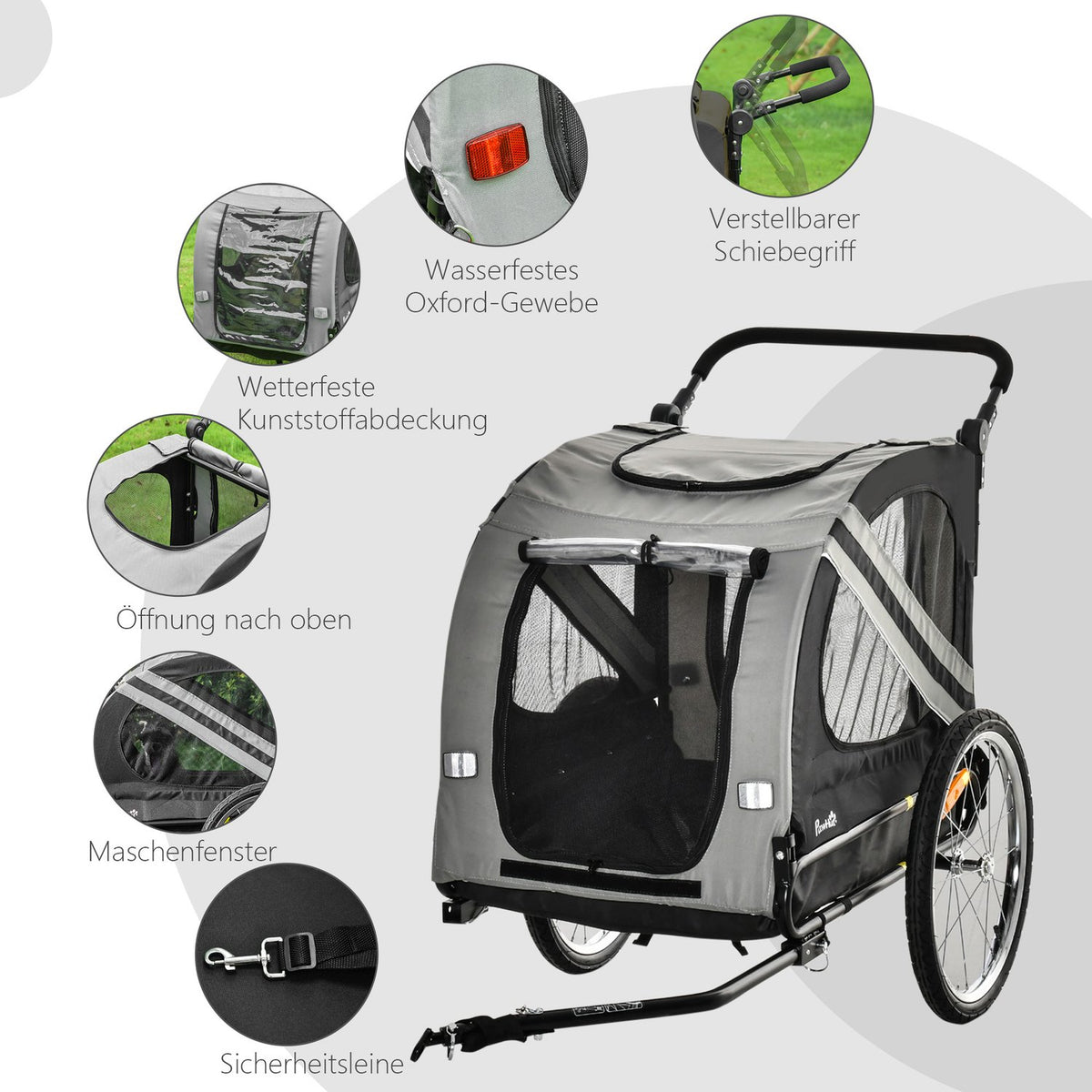 Dog Trailer & Dog Buggy 2-In-1 Dog Bike Trailer With Reflectors, For Medium Dogs Up To 20 Kg, Oxford Fabric, Gray