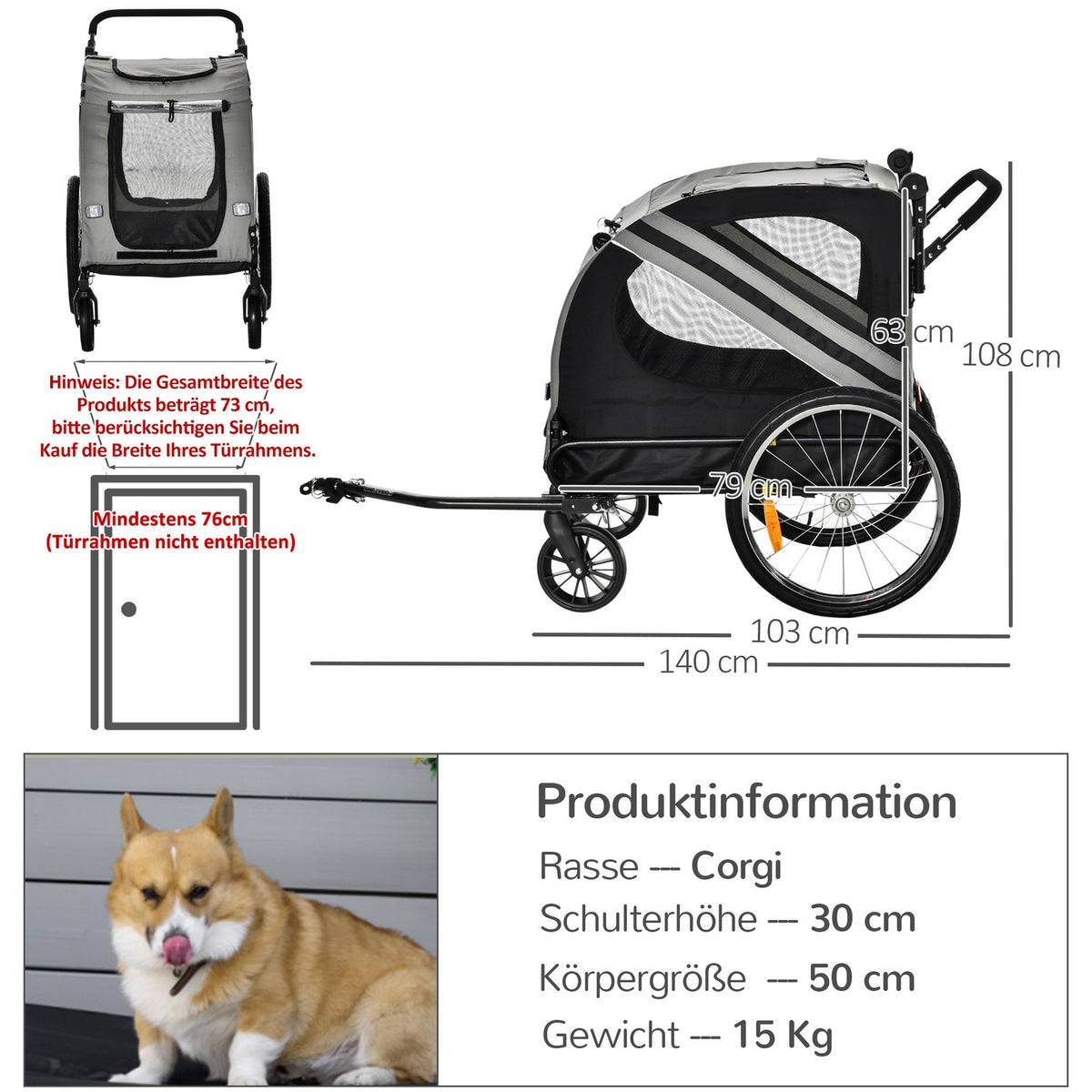 Dog Trailer & Dog Buggy 2-In-1 Dog Bike Trailer With Reflectors, For Medium Dogs Up To 20 Kg, Oxford Fabric, Gray
