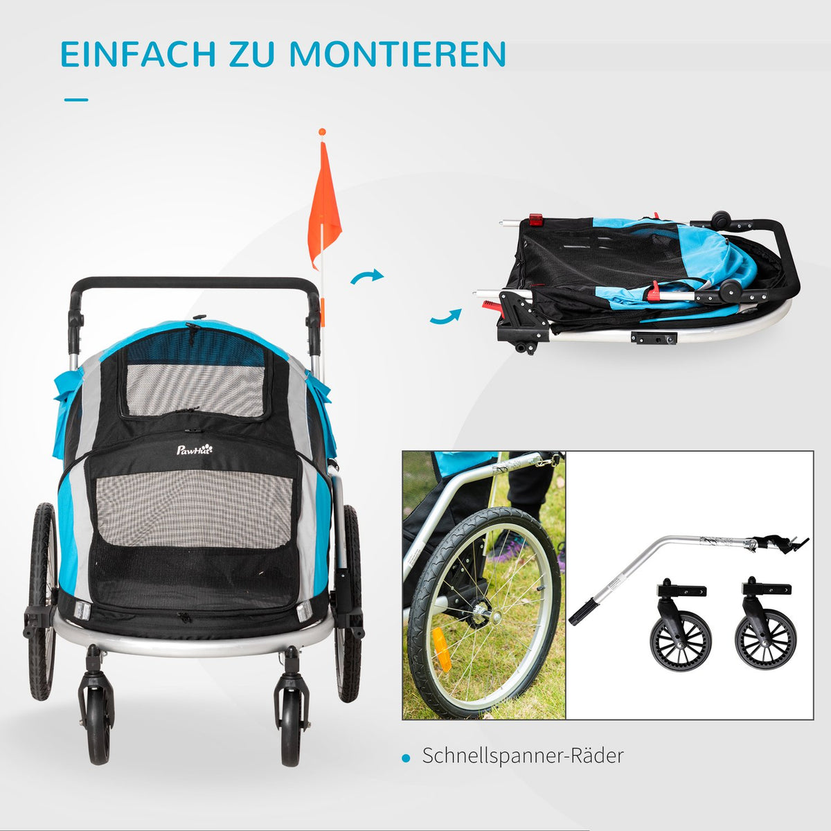 Dog Trailer Foldable 2-In-1 Pet Bicycle Trailer & Dog Transporter, Oxford Fabric, Metal, Blue+Silver, 150X82X108Cm