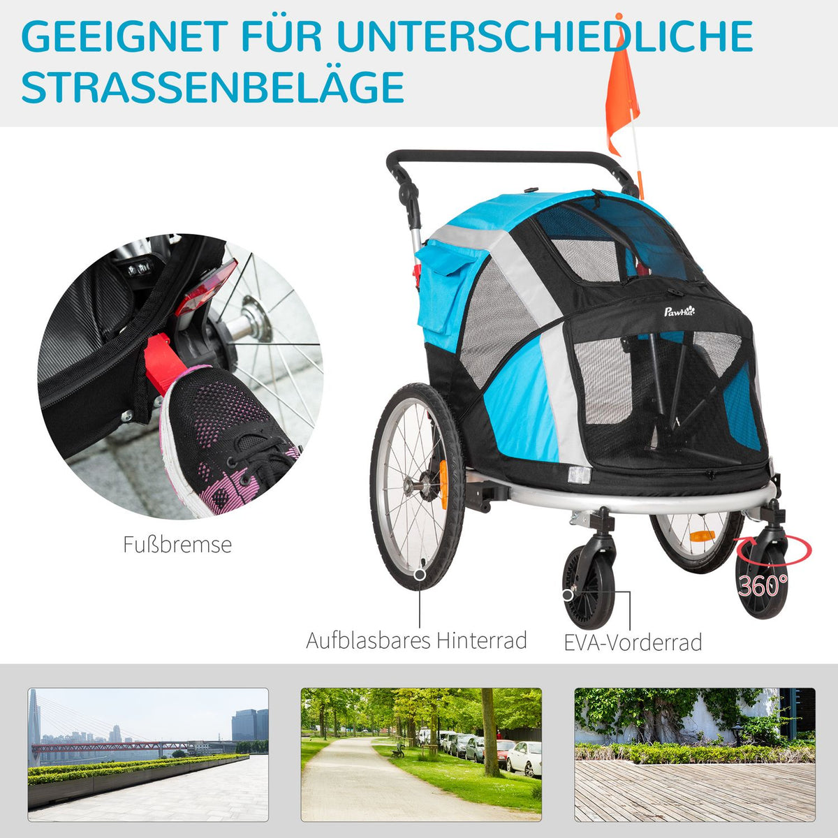 Dog Trailer Foldable 2-In-1 Pet Bicycle Trailer & Dog Transporter, Oxford Fabric, Metal, Blue+Silver, 150X82X108Cm