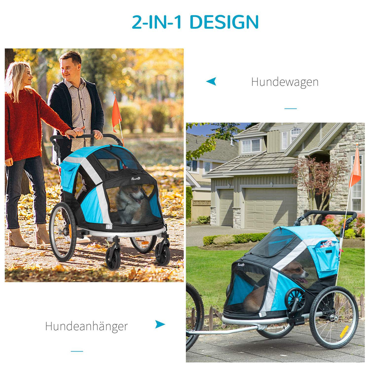 Dog Trailer Foldable 2-In-1 Pet Bicycle Trailer & Dog Transporter, Oxford Fabric, Metal, Blue+Silver, 150X82X108Cm