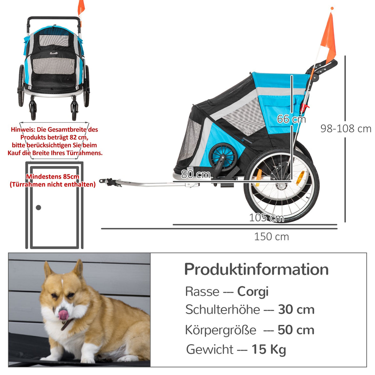 Dog Trailer Foldable 2-In-1 Pet Bicycle Trailer & Dog Transporter, Oxford Fabric, Metal, Blue+Silver, 150X82X108Cm