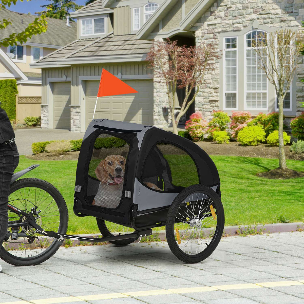 Dog Trailer Folding Bicycle Trailer With Mesh Windows, Reflectors & Flag, Quick Release, Made Of Oxford Fabric & Steel, Black, 140X71X83Cm