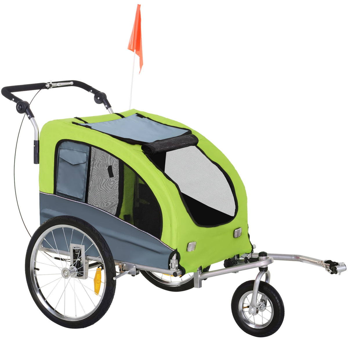 Dog Trailer Jogger Bicycle Trailer For Dogs, Large & Stable, With Safety Flag, Green+Gray, 155X83X108Cm