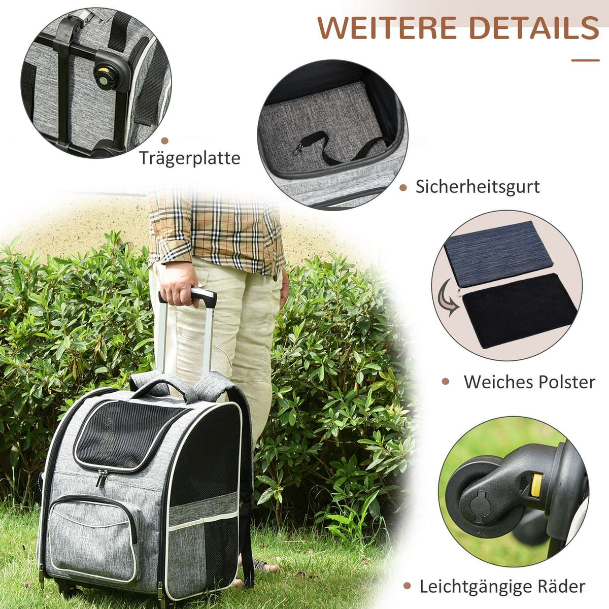 Dog Trolley 2-In-1 Transport Bag & Pet Backpack For Dogs And Cats, With Door & Window, Gray, 43X33X51.5Cm