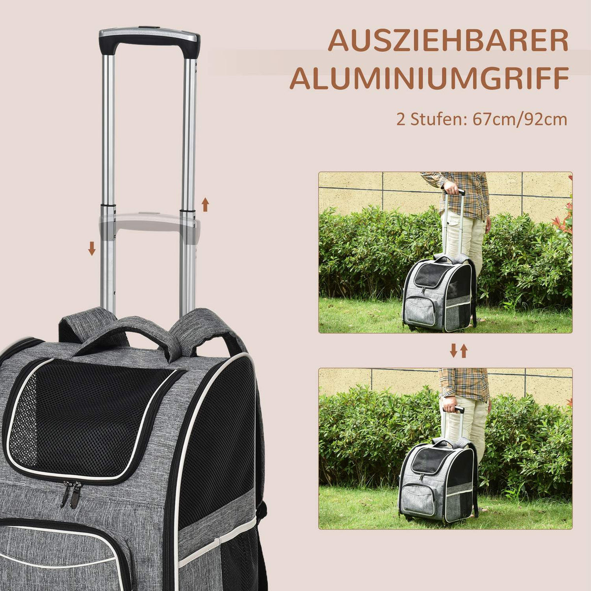Dog Trolley 2-In-1 Transport Bag & Pet Backpack For Dogs And Cats, With Door & Window, Gray, 43X33X51.5Cm