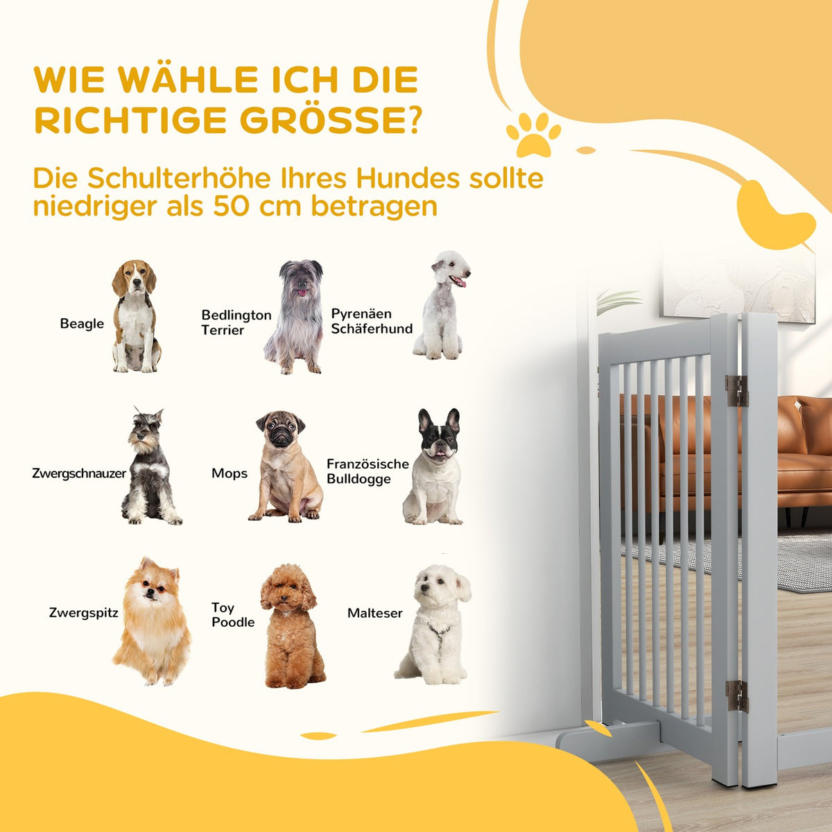 Dog barrier, 4 parts, 204 x 75 cm, foldable door safety gate with door, free-standing dog gate with 2 support feet, wooden stair gate for hallway, kitchen, stairs, light gray