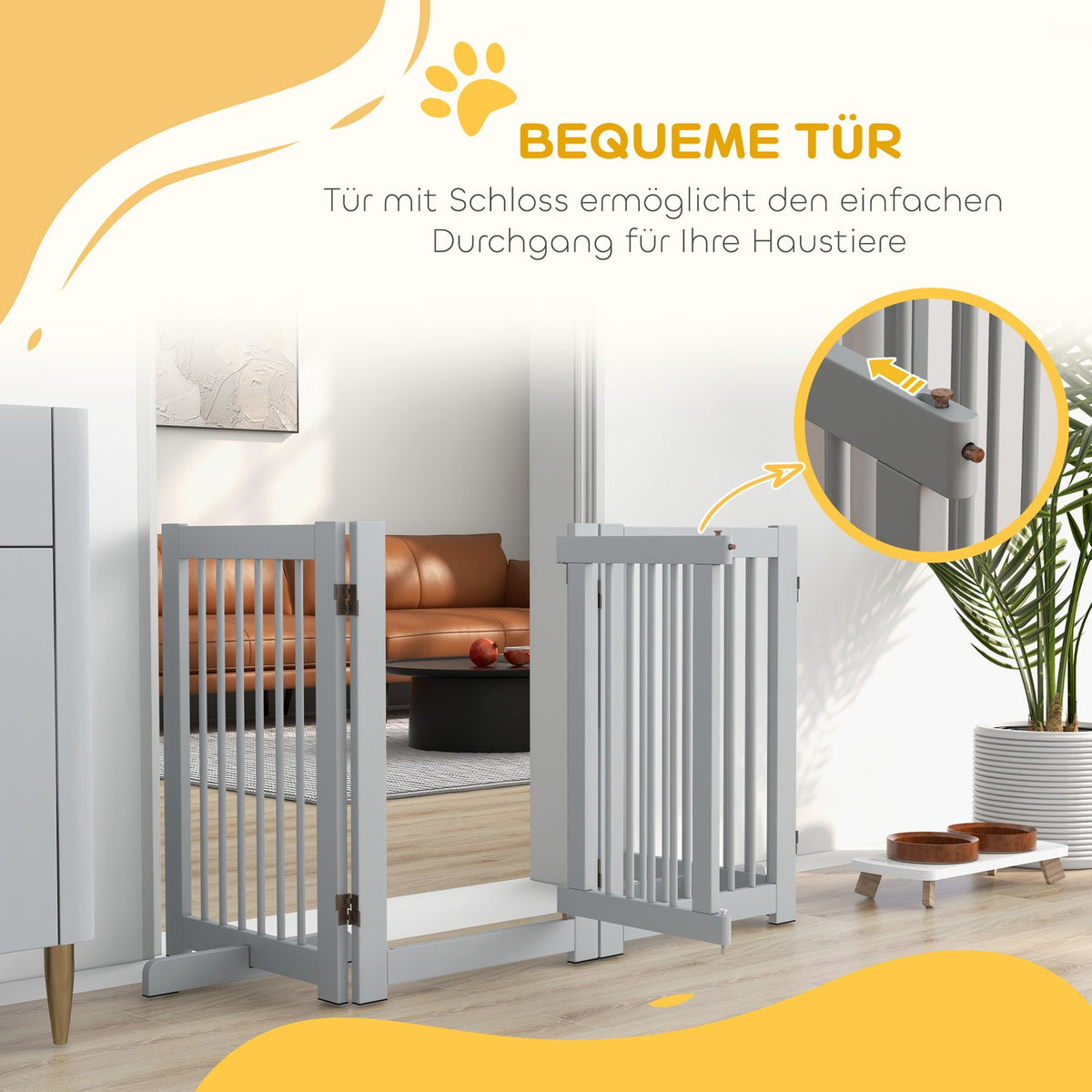 Dog barrier, 4 parts, 204 x 75 cm, foldable door safety gate with door, free-standing dog gate with 2 support feet, wooden stair gate for hallway, kitchen, stairs, light gray