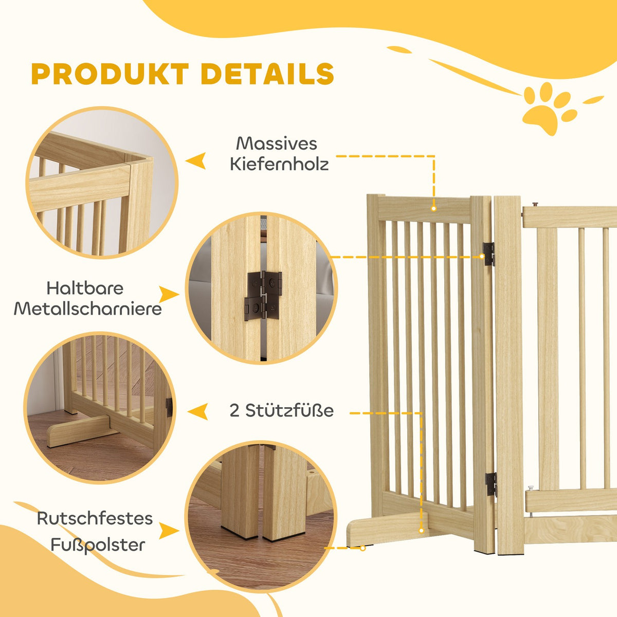 Dog barrier, 4 parts, 204 x 75 cm, foldable door safety gate with door, free-standing dog gate with 2 support feet, wooden stair gate for hallway, kitchen, stairs, natural