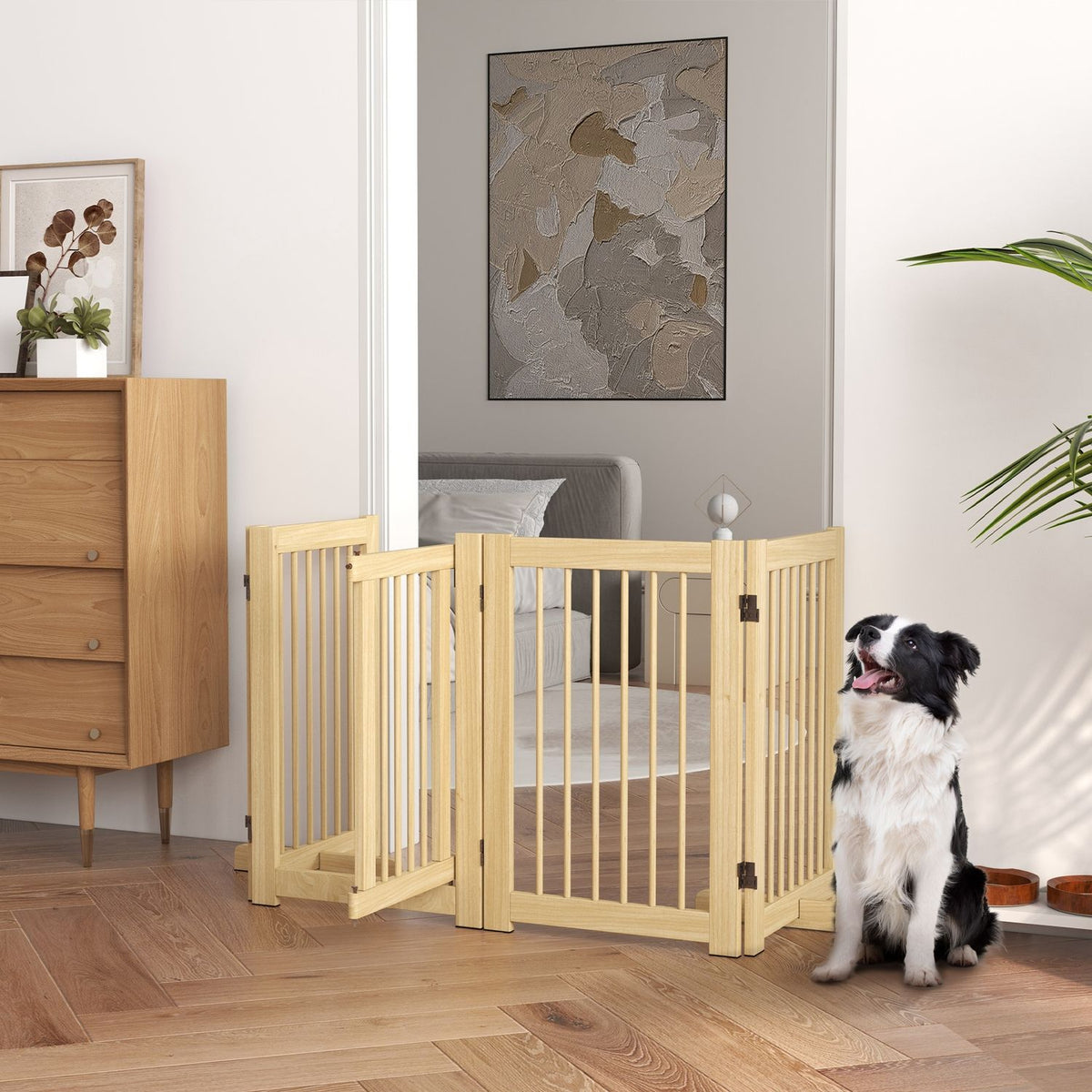 Dog barrier, 4 parts, 204 x 75 cm, foldable door safety gate with door, free-standing dog gate with 2 support feet, wooden stair gate for hallway, kitchen, stairs, natural