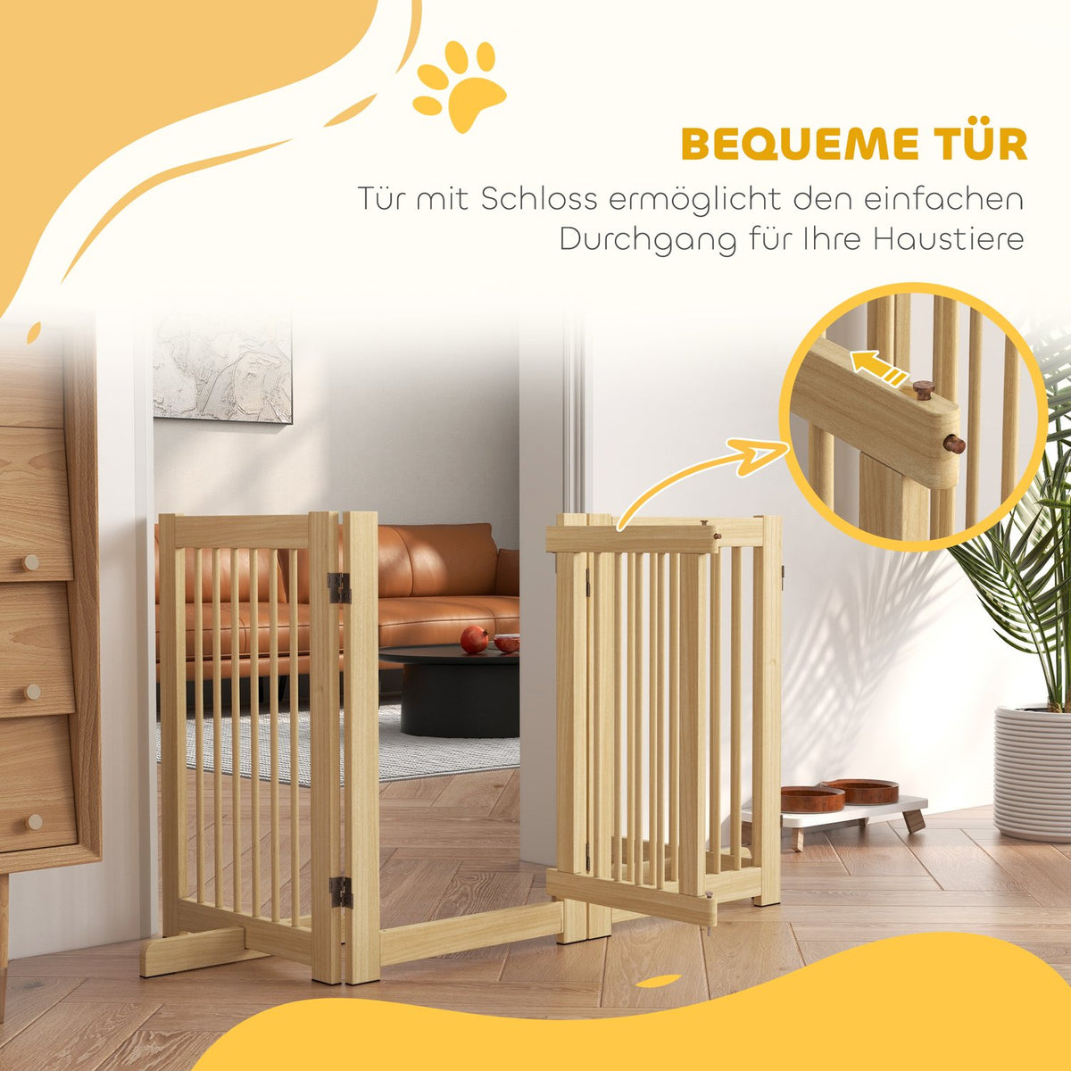 Dog barrier, 4 parts, 204 x 75 cm, foldable door safety gate with door, free-standing dog gate with 2 support feet, wooden stair gate for hallway, kitchen, stairs, natural