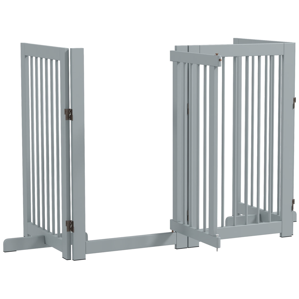 Dog barrier, 4 parts, 220 x 91 cm, foldable door safety gate with door, free-standing dog gate made of wood, with 2 support feet, stair gate for kitchen, hallway, stairs, light gray