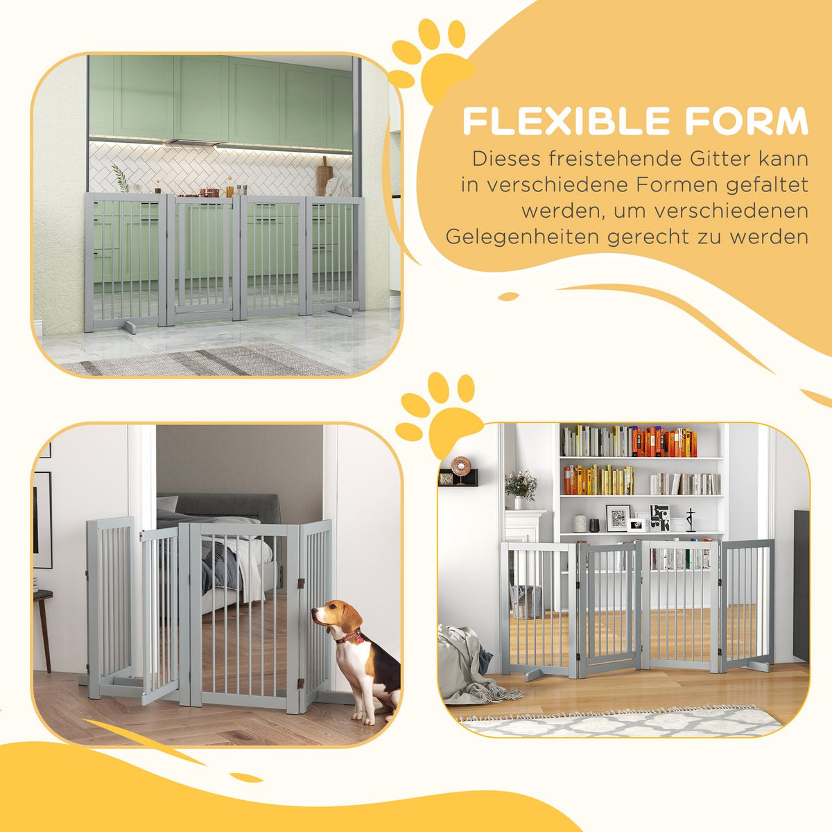 Dog barrier, 4 parts, 220 x 91 cm, foldable door safety gate with door, free-standing dog gate made of wood, with 2 support feet, stair gate for kitchen, hallway, stairs, light gray