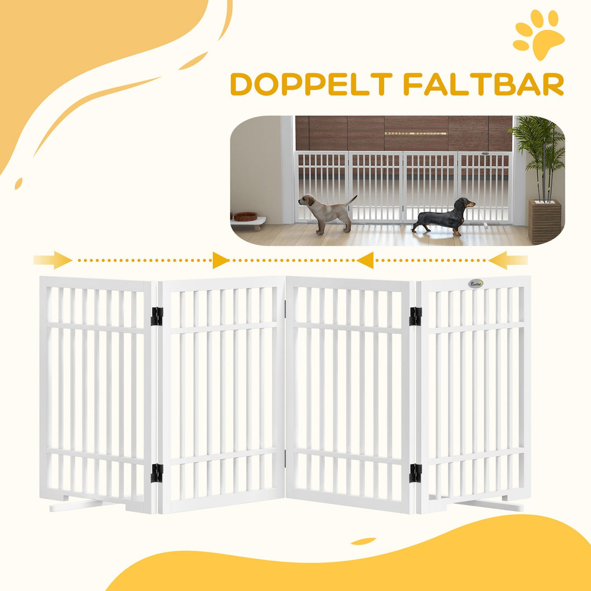 Dog barrier, 4 pieces, 183 x 61 cm, foldable door safety gate made of wood, free-standing dog gate with 2 support feet