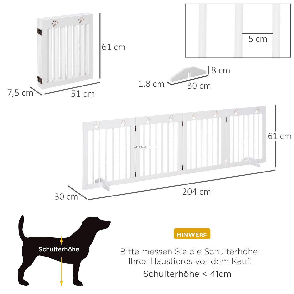 Dog barrier, 4 pieces, 204 x 61 cm, foldable door safety gate with 2 support feet, free-standing dog gate, wooden stair gate for hallway, stairs, white