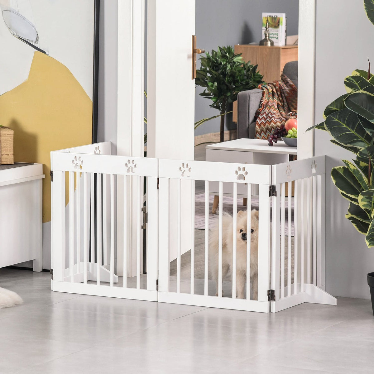 Dog barrier, 4 pieces, 204 x 61 cm, foldable door safety gate with 2 support feet, free-standing dog gate, wooden stair gate for hallway, stairs, white
