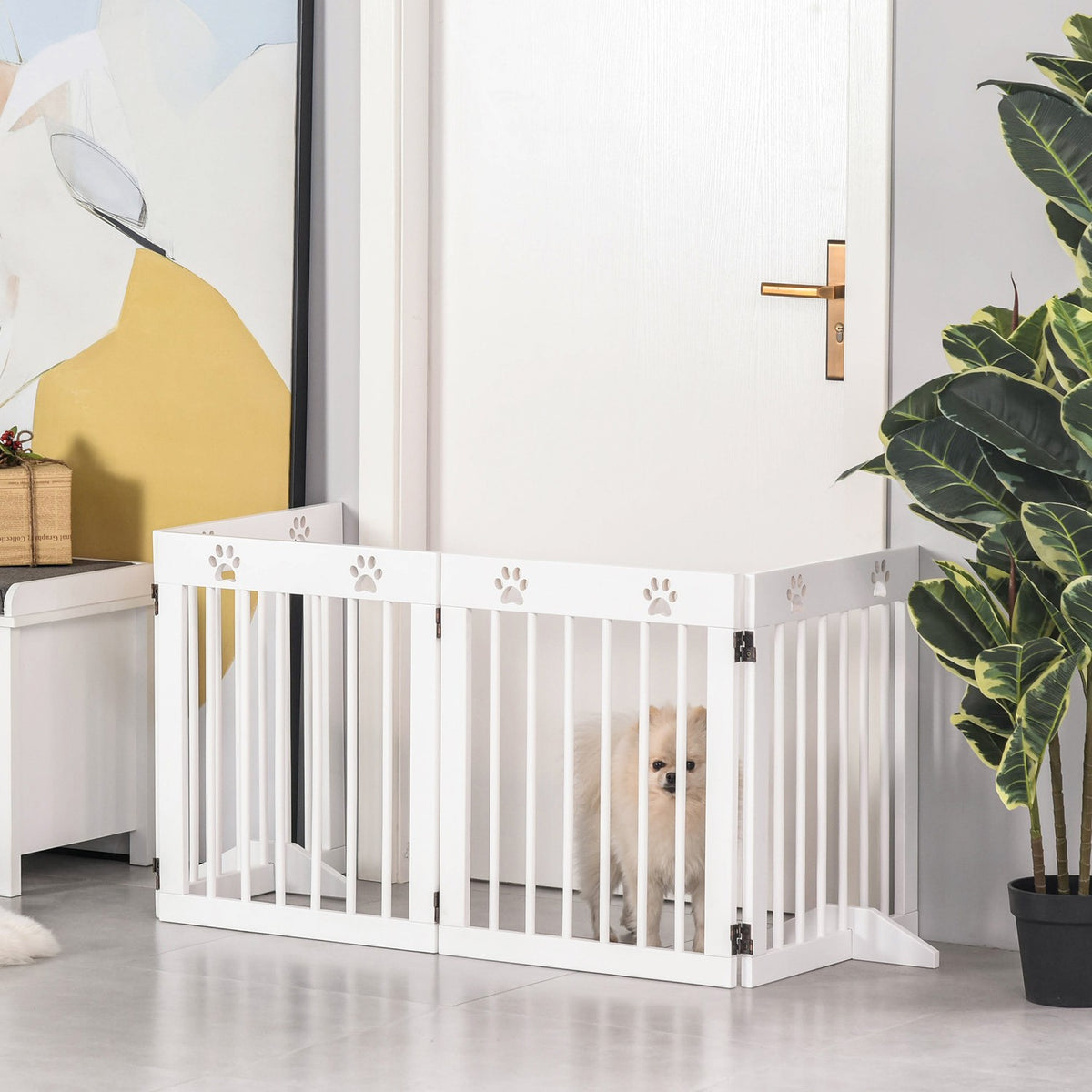 Dog barrier, 4 pieces, 204 x 61 cm, foldable door safety gate with 2 support feet, free-standing dog gate, wooden stair gate for hallway, stairs, white