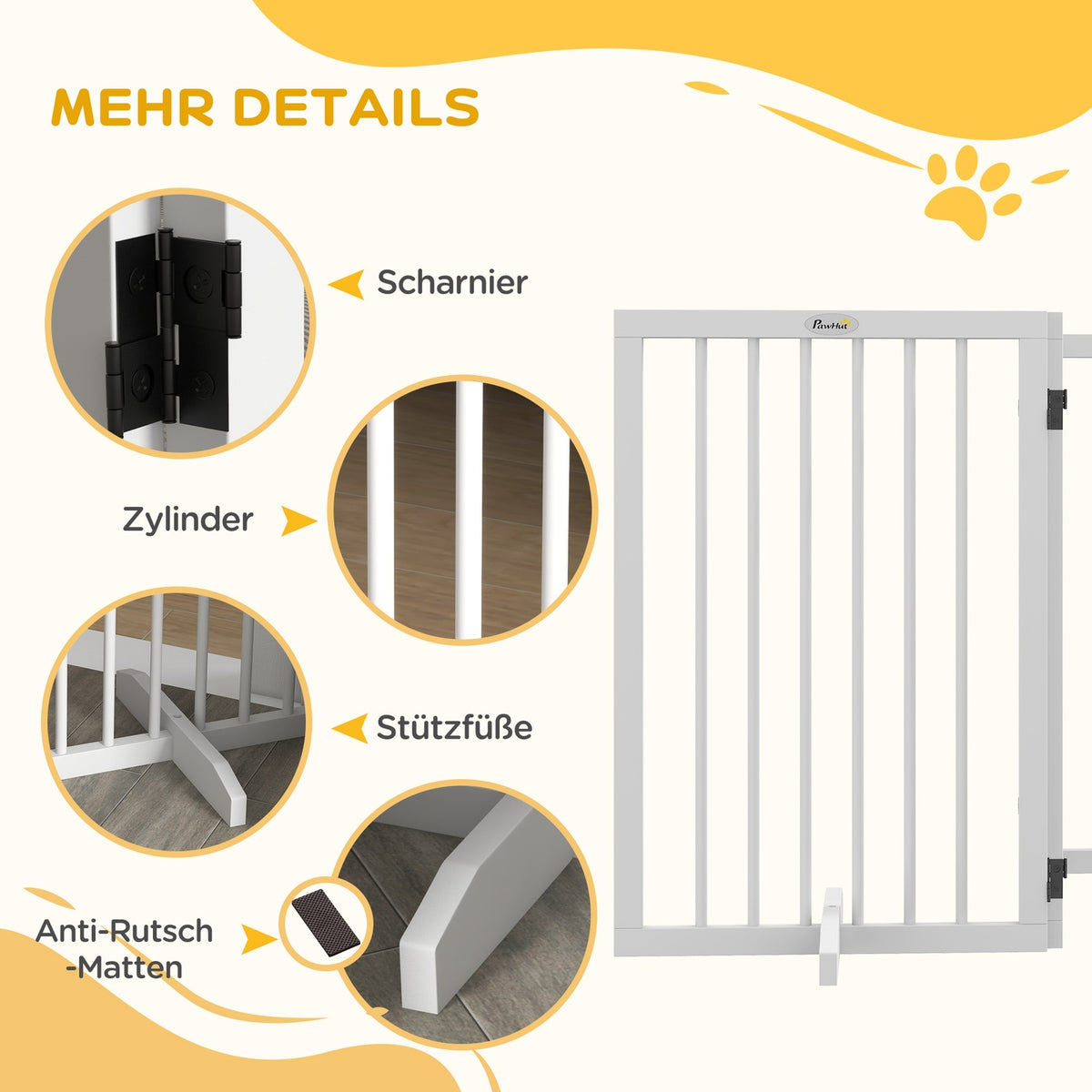 Dog barrier, 4 pieces, 206 x 76 cm, foldable door safety gate with 2 support feet, free-standing wooden dog gate, stair gate for kitchen