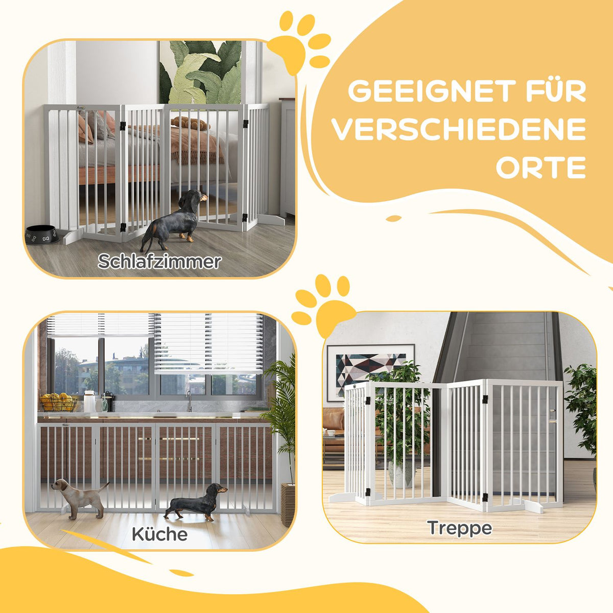 Dog barrier, 4 pieces, 206 x 76 cm, foldable door safety gate with 2 support feet, free-standing wooden dog gate, stair gate for kitchen