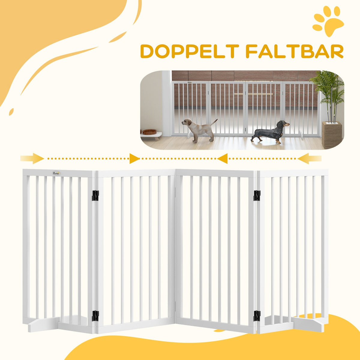 Dog barrier, 4 pieces, 206 x 76 cm, foldable door safety gate with 2 support feet, free-standing wooden dog gate, stair gate for kitchen