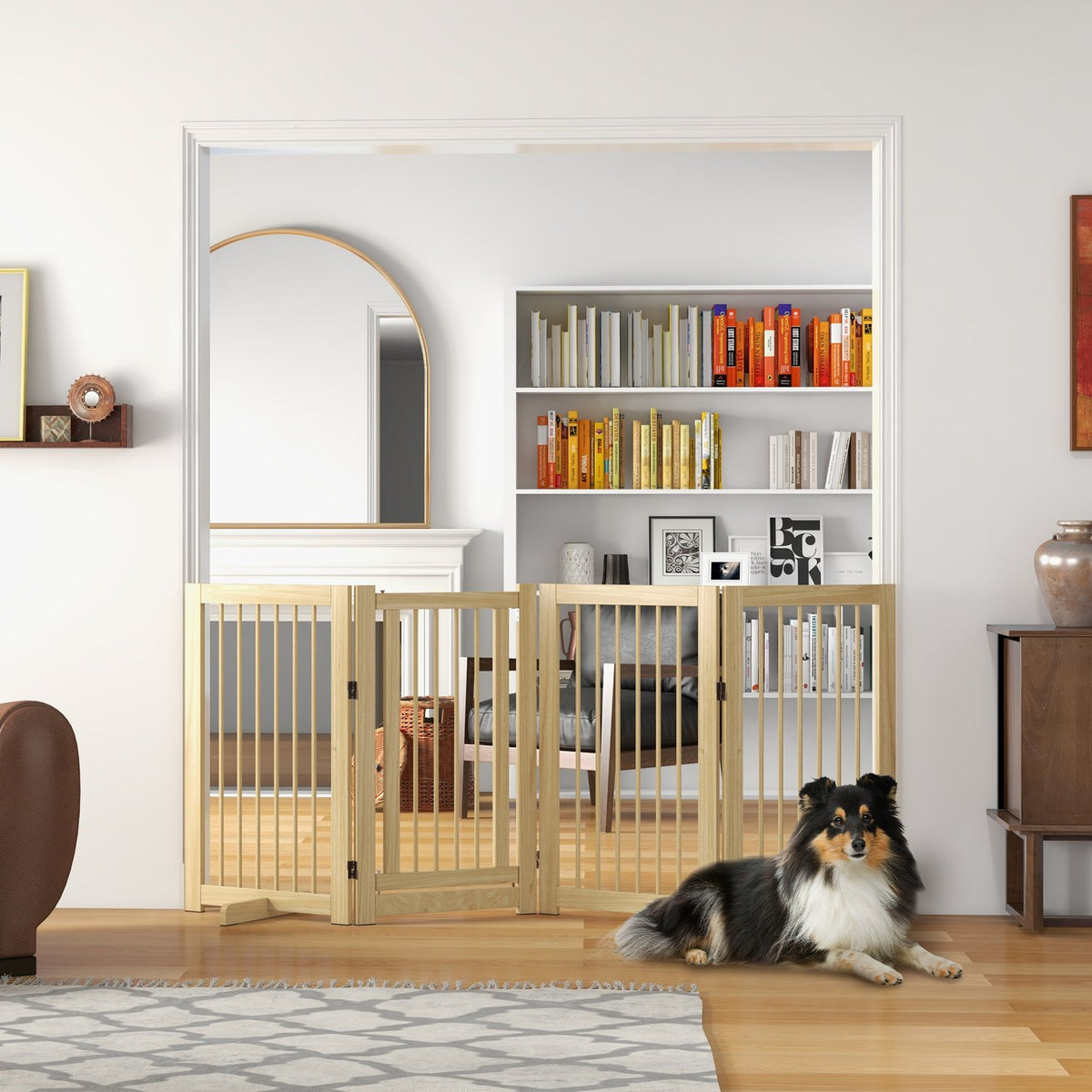 Dog barrier, 4 pieces, 220 x 91 cm, foldable door safety gate with door, free-standing wooden dog gate, with 2 support feet, stair gate