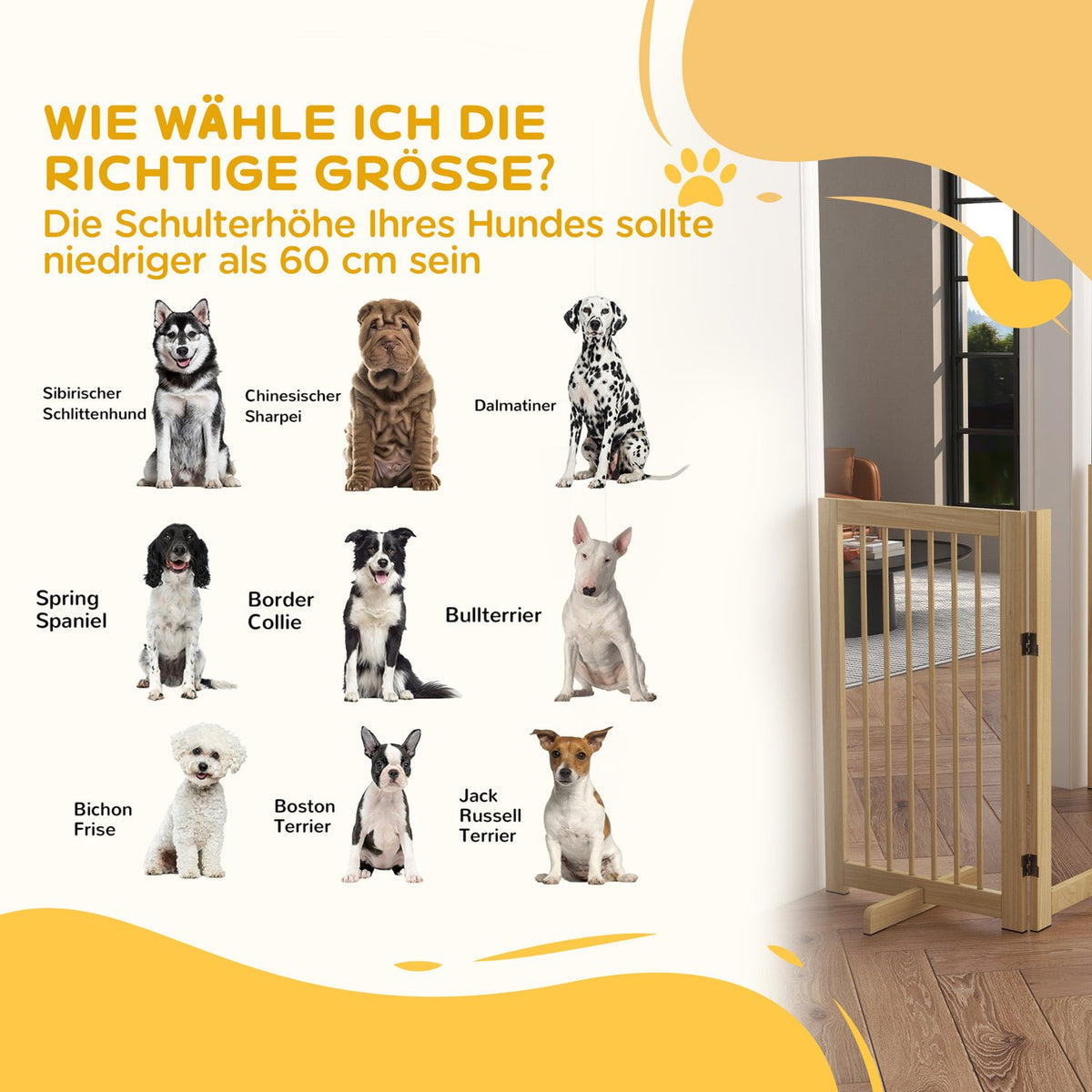 Dog barrier, 4 pieces, 220 x 91 cm, foldable door safety gate with door, free-standing wooden dog gate, with 2 support feet, stair gate