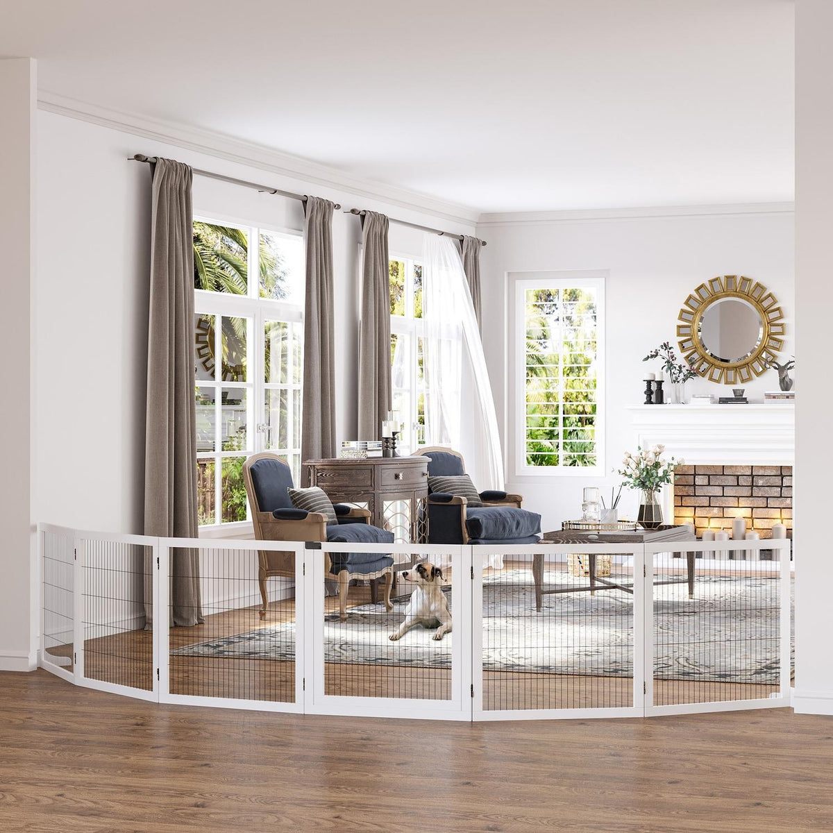 Dog barrier, adjustable safety gate with feet, 432 x 70 cm wooden dog gate, foldable stair gate, dog barrier for stairs, doors, hallway, 6 panels, white |