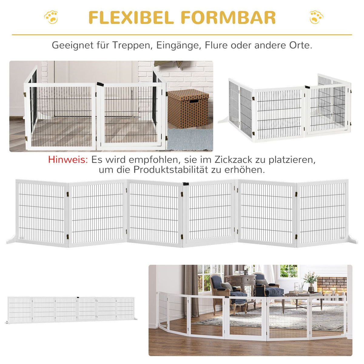 Dog barrier, adjustable safety gate with feet, 432 x 70 cm wooden dog gate, foldable stair gate, dog barrier for stairs, doors, hallway, 6 panels, white |