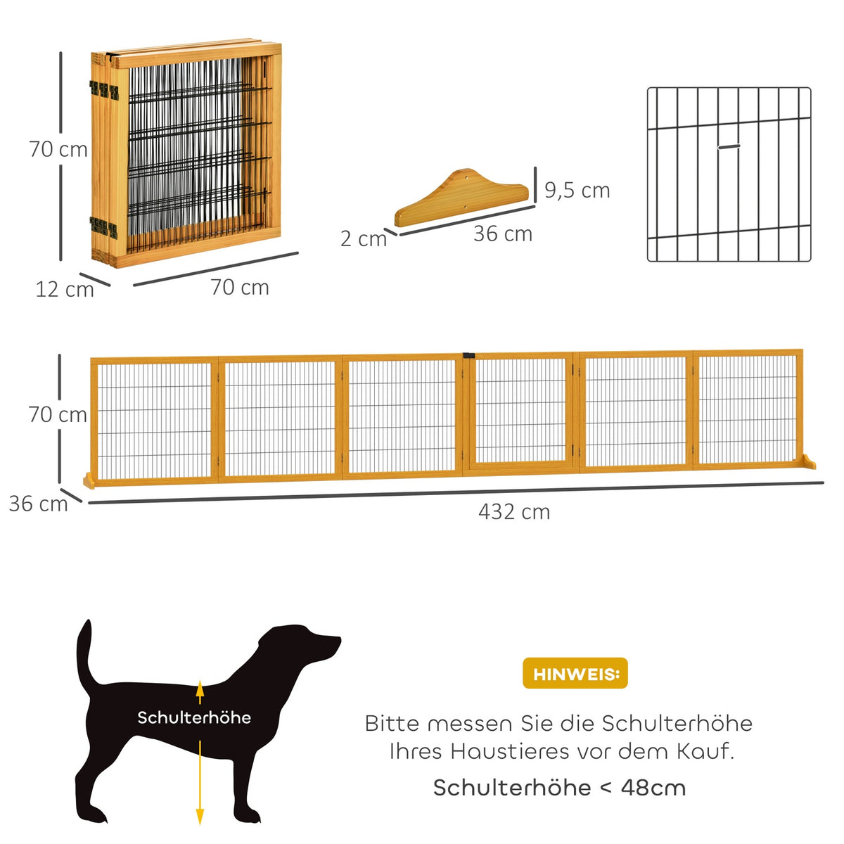 Dog barrier, adjustable safety gate with feet, 432 x 70 cm wooden dog gate, foldable stair gate, dog barrier for stairs, doors, hallway, 6 panels, yellow |