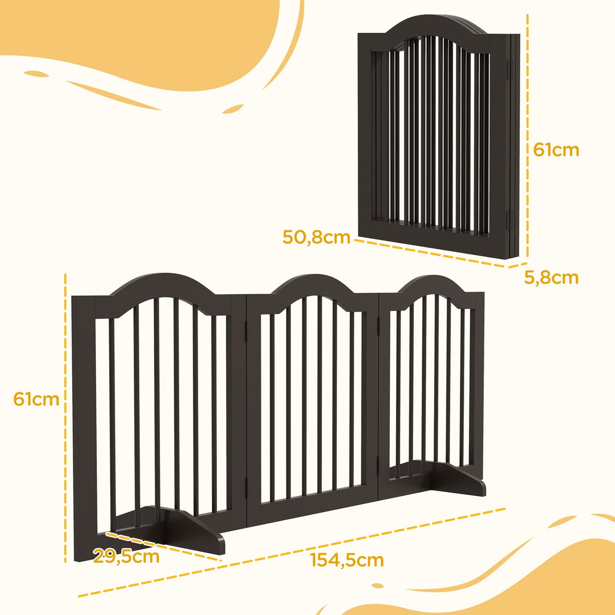 Dog barrier, foldable, dog gate, configuration gate, 3 parts with two support feet, stair gate, dog barrier, door protection gate, coffee, 154.5 x 29.5 x 61 cm