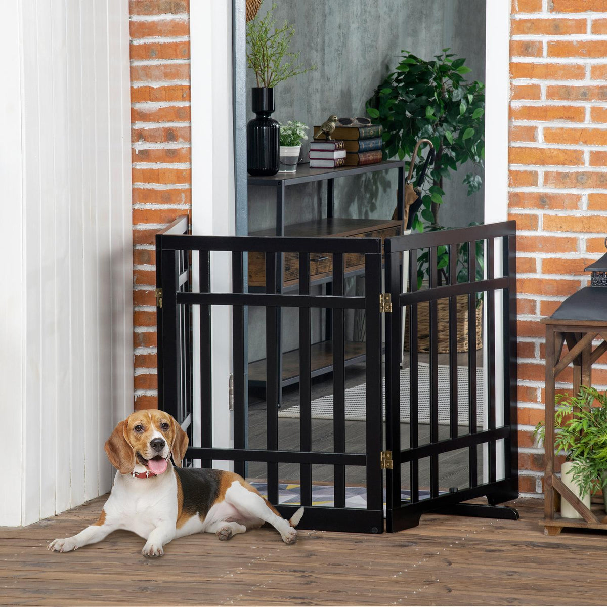 Dog barrier, foldable wooden door protection gate, free-standing dog gate, dog barrier with rubber buffer, black, 181x35x76 cm