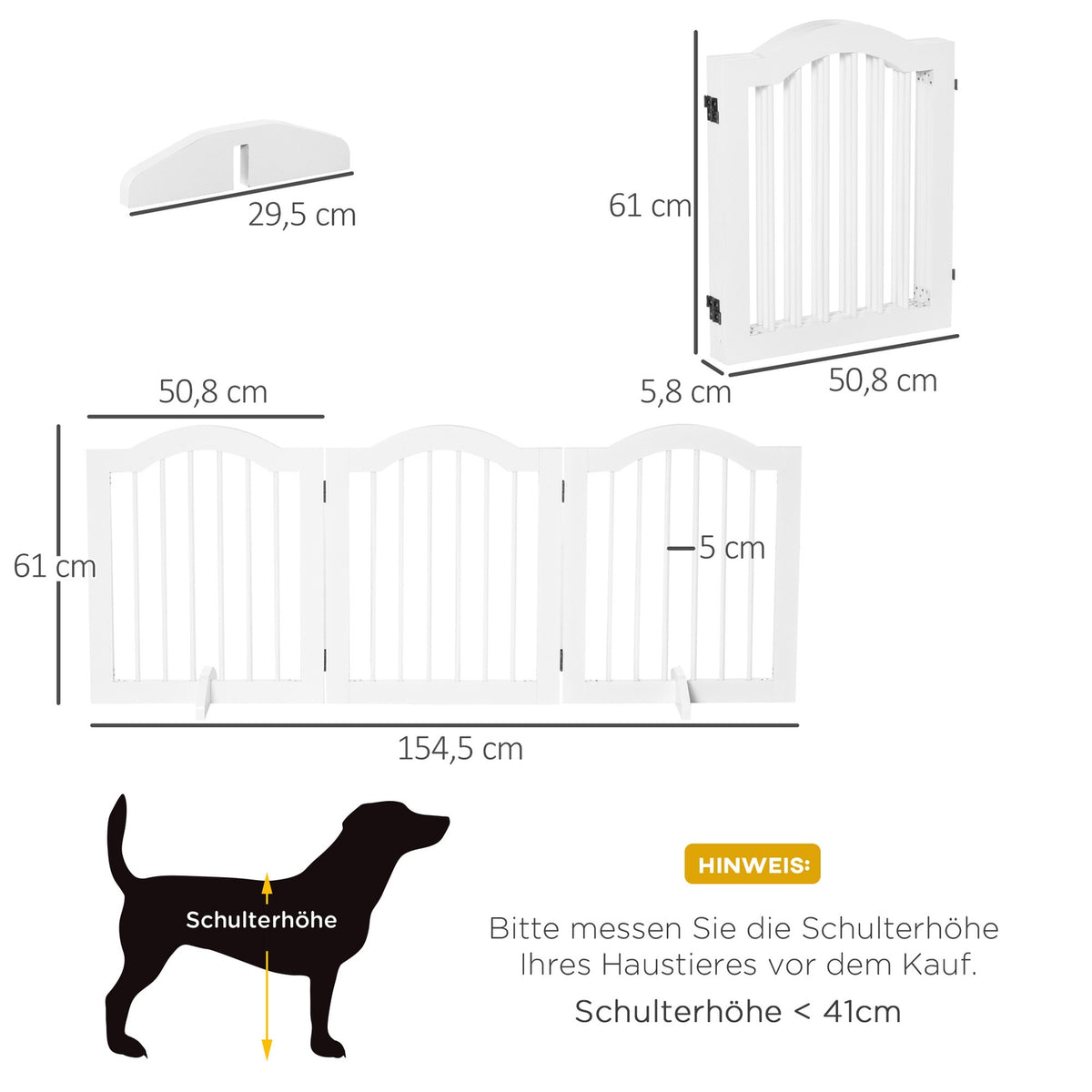 Dog barrier protective gate dog gate configuration gate 3-part with two support feet stable foldable MDF white 154.5x29.5x61 cm
