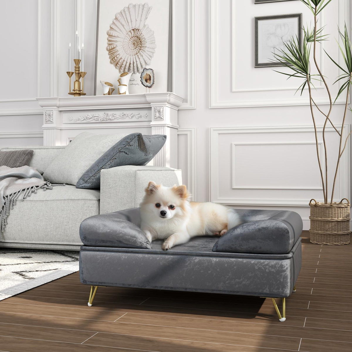 Dog bed sofa for small and medium-sized dogs, 76x53.5x34cm, load capacity 10 kg, folded backrest, metal feet, velvet, gray