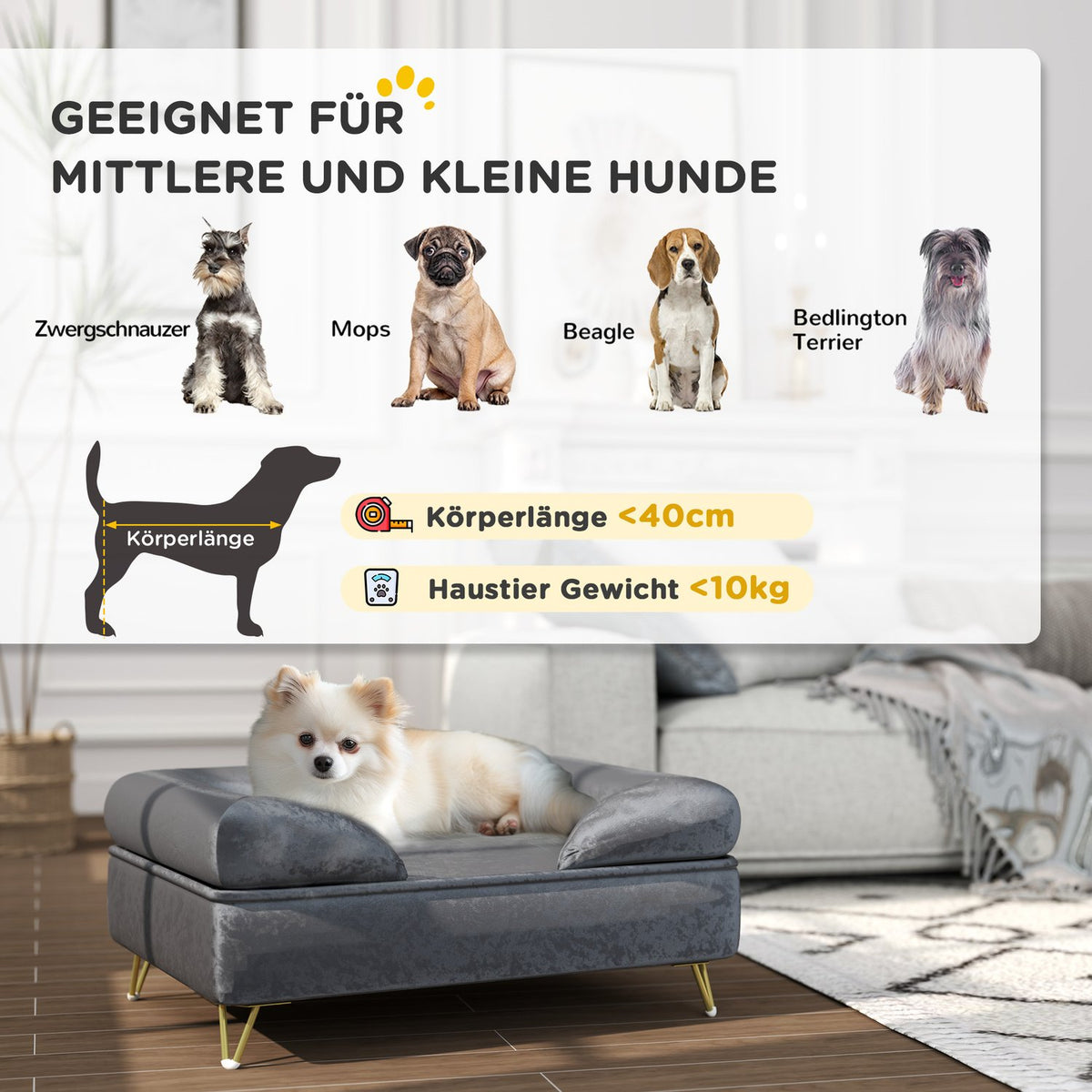 Dog bed sofa for small and medium-sized dogs, 76x53.5x34cm, load capacity 10 kg, folded backrest, metal feet, velvet, gray