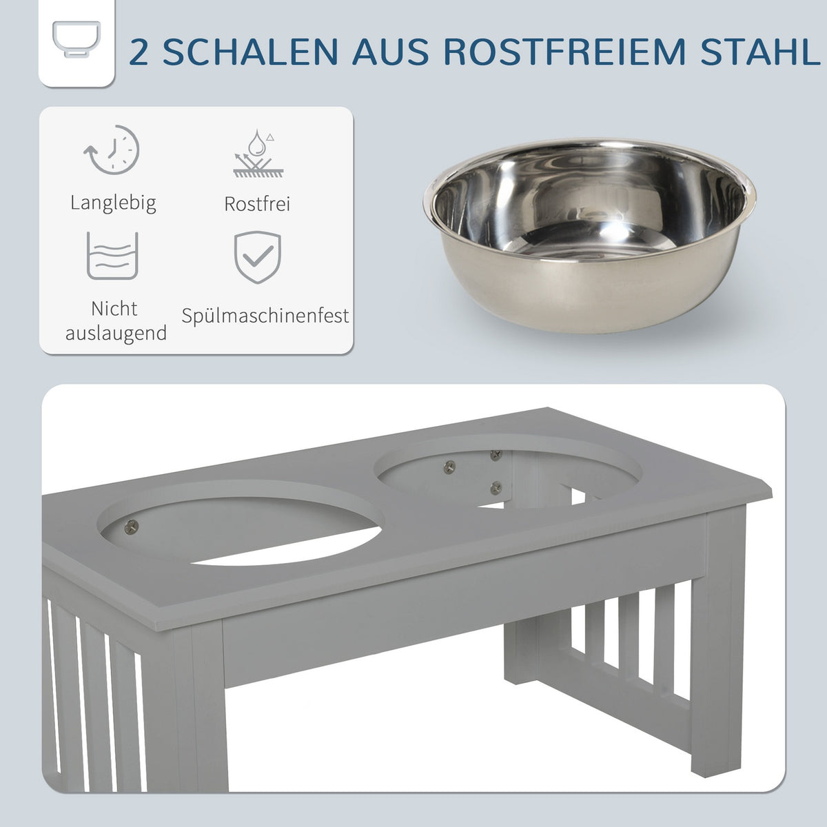 Dog bowl with 2 bowls, 0.9 L food bowl, raised cat food bowl, easy-care, stainless steel gray, 44 x 24 x 15 cm
