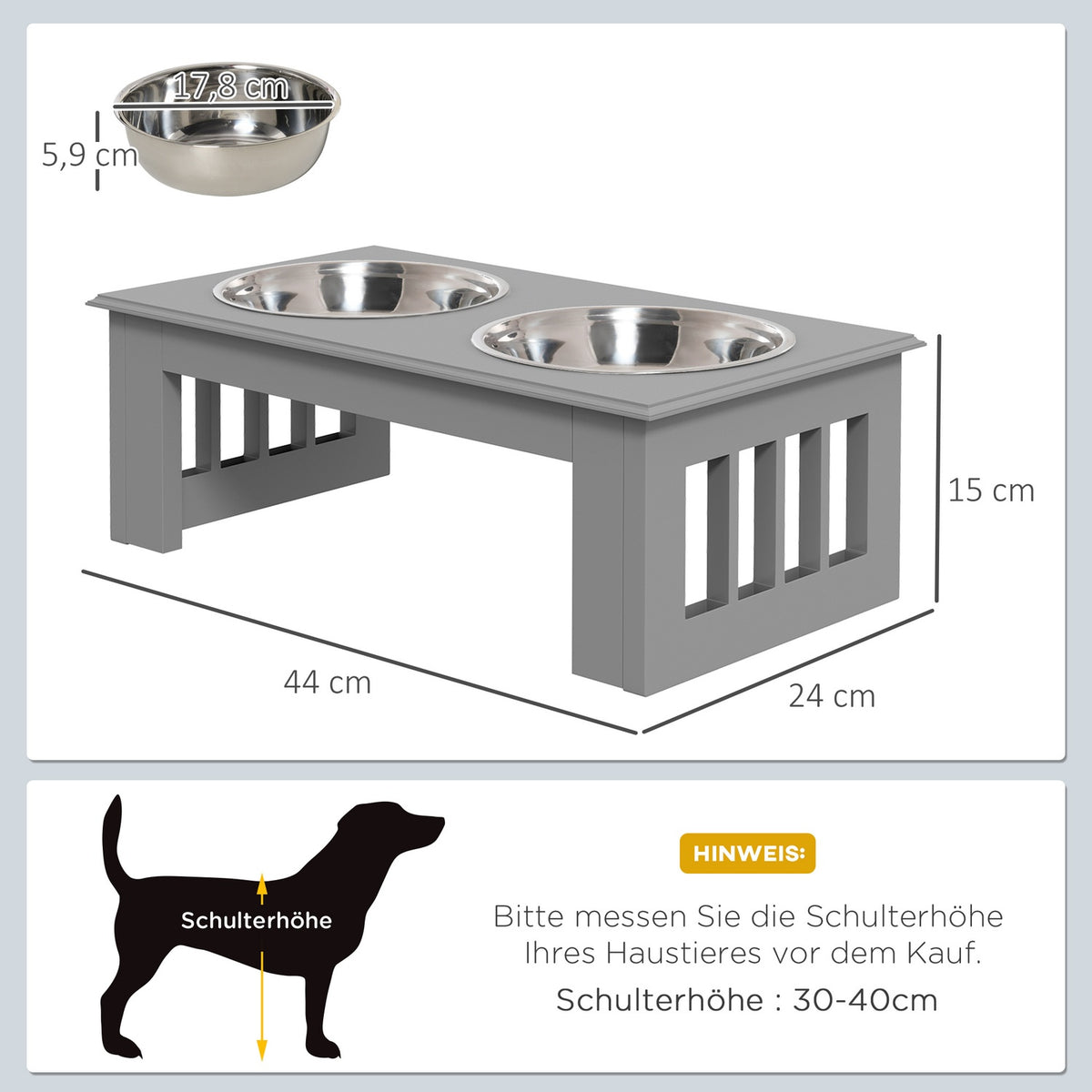 Dog bowl with 2 bowls, 0.9 L food bowl, raised cat food bowl, easy-care, stainless steel gray, 44 x 24 x 15 cm