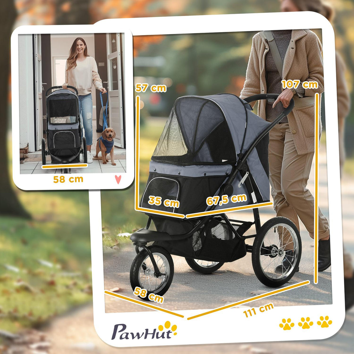Dog buggy cat buggy foldable with reflectors, storage basket, sun protection & mesh window, Oxford gray
